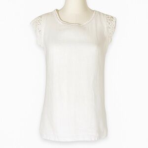 Viola Borghi 100% Linen and Crochet White Sleeveless Blouse Made in Italy Size S